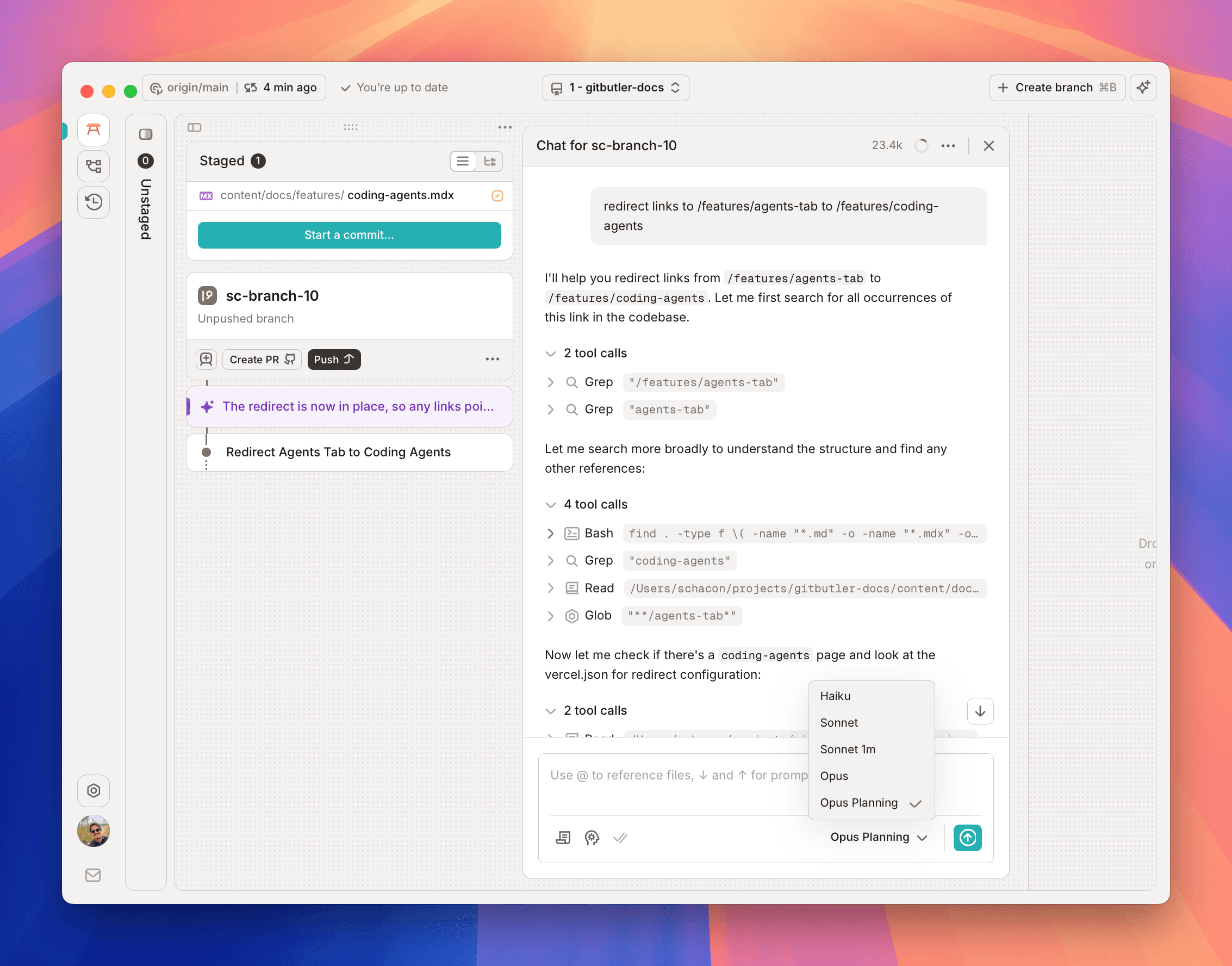 A coding agent attached to a GitButler branch